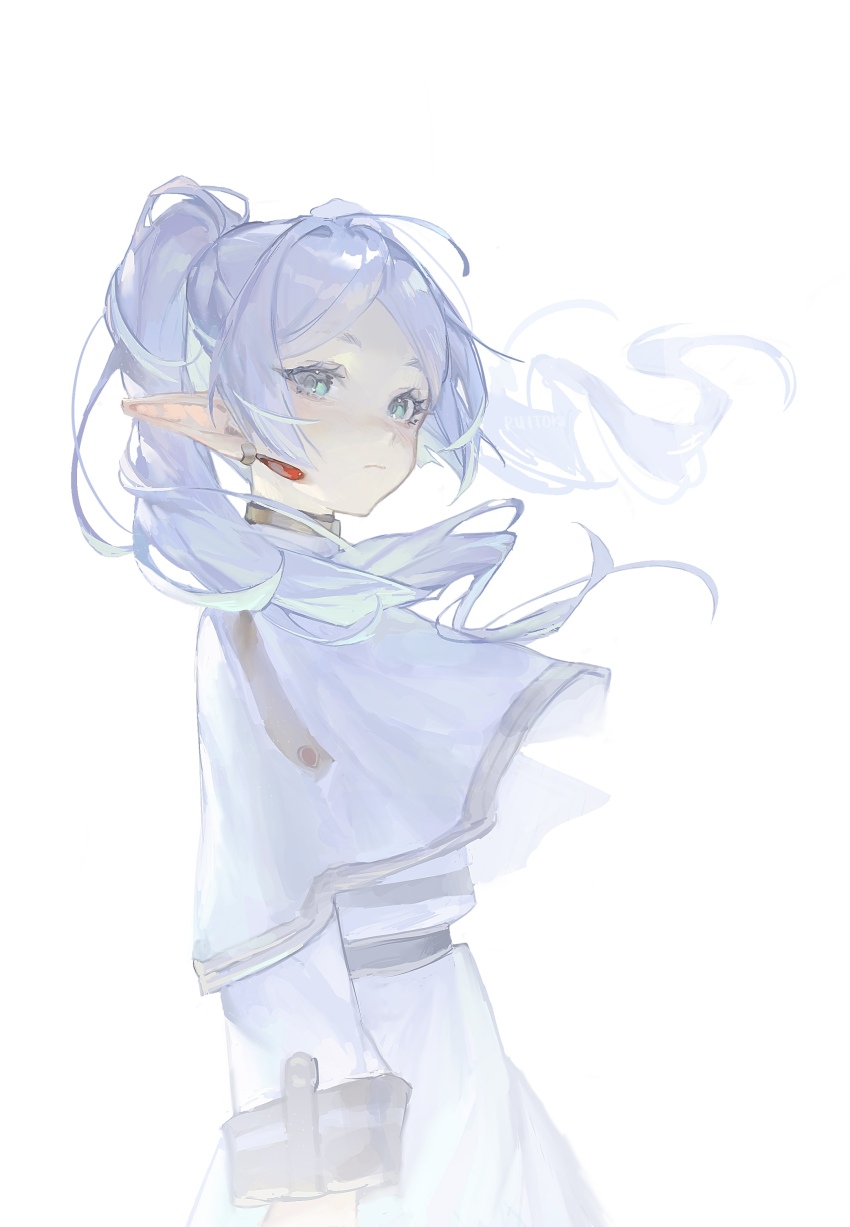 1girl, absurdres, capelet, closed_mouth, commentary, earrings, english_commentary, eyelashes, floating_earrings, frieren, from_side, green_eyes, grey_hair, highres, long_hair, long_sleeves, looking_at_viewer, pointy_ears, ruitoki, signature, simple_background, solo, sousou_no_frieren, twintails, upper_body, white_background, white_capelet, white_hair
