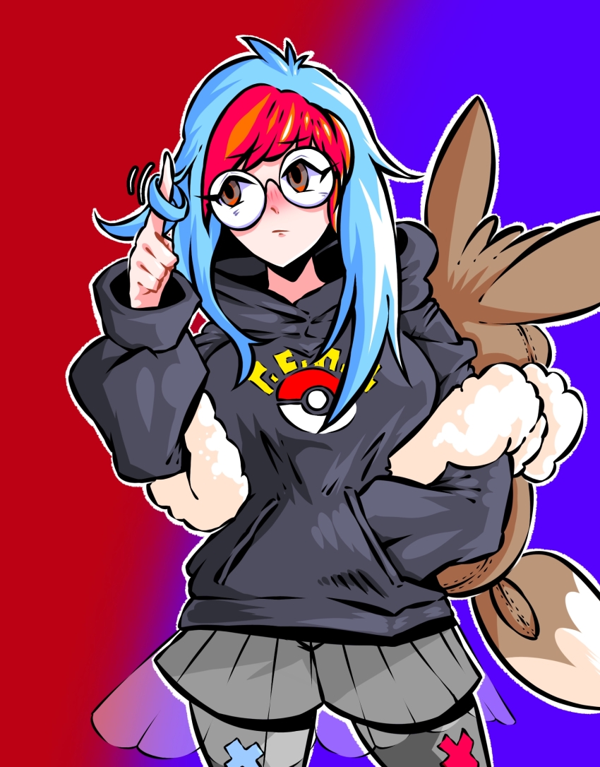 1girl, aged_up, backpack, bag, bidul_(bidul72476120), blue_background, blue_hair, blush, breasts, cowboy_shot, glasses, hand_in_pocket, highres, hood, hoodie, looking_to_the_side, medium_breasts, multicolored_hair, nintendo, nose_blush, penny_(pokemon), pokemon, pokemon_scarlet_and_violet, red_background, red_hair, round_eyewear, solo, two-tone_hair