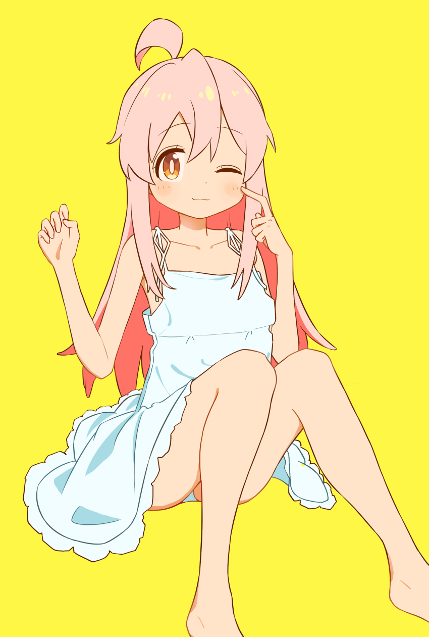 171, 1girl, absurdres, ahoge, arm_up, bare_shoulders, barefoot, closed_mouth, collarbone, dot_nose, dress, feet, genderswap, genderswap_(mtf), hand_on_own_face, highres, no_shoes, no_socks, one_eye_closed, onii-chan_wa_oshimai!, oyama_mahiro, simple_background, sitting, smile, solo, yellow_background