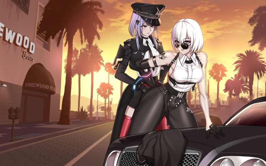 2girls, absurdres, agave, alisa:_echo_(nocturnal_watch)_(pgr), alisa:_echo_(pgr), alisa_(pgr), alternate_costume, armpit_crease, arrest, aviator_sunglasses, bare_shoulders, belt, black_jacket, black_leggings, black_necktie, black_pants, black_skirt, boots, breasts, building, car, center-flap_bangs, chain, chest_harness, chinese_commentary, cloud, collared_shirt, commentary, cropped_jacket, cuffs, gloves, grand_theft_auto, grand_theft_auto_v, hair_ornament, half_gloves, harness, hat, highres, insignia, jacket, joints, lamppost, leaning, leaning_forward, leggings, liv_(pgr), looking_at_viewer, lzypoipoi, mechanical_arms, medium_breasts, motor_vehicle, mountainous_horizon, multicolored_hair, multiple_girls, necktie, no_u-turn_sign, official_alternate_costume, on_car, orange_sky, out_of_character, outdoors, palm_leaf, palm_tree, pants, parking_meter, parody, pavement, pink_eyes, pink_hair, police, police_hat, police_uniform, policewoman, punishing:_gray_raven, purple_eyes, purple_hair, radio_antenna, red_footwear, ringed_eyes, road, road_sign, robot_joints, shirt, short-sleeved_jacket, short_hair, short_sleeves, shoulder_boards, shoulder_tattoo, sign, single_mechanical_arm, skin_tight, skirt, sky, sleeveless, sleeveless_shirt, streaked_hair, sunglasses, sunset, tattoo, thigh_boots, tree, upper_body, walkie-talkie, white_hair, white_shirt, windshield