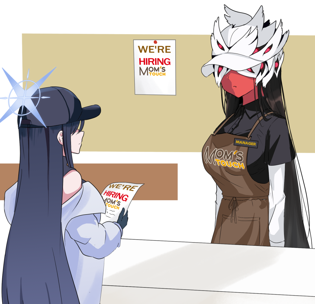 2girls, apron, beatrice_(blue_archive), black_gloves, black_headwear, black_shirt, blue_archive, blue_halo