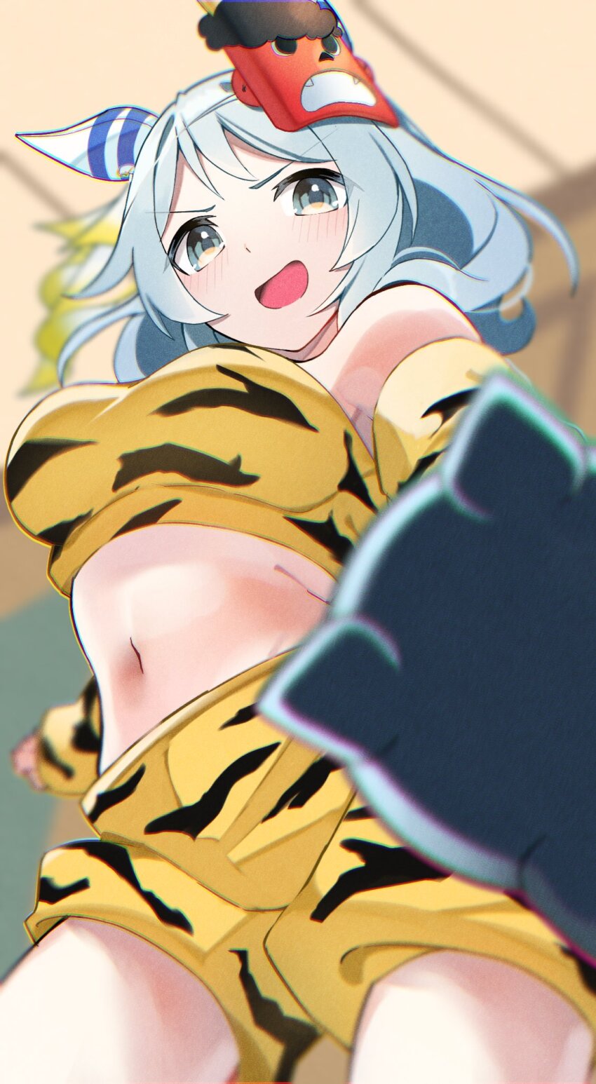 1girl, :d, blush, breasts, cosplay, ear_covers, from_below, grey_eyes, grey_hair, highres, hishi_miracle_(umamusume), horse_girl, looking_at_viewer, looking_down, mask, mask_on_head, medium_breasts, medium_hair, midriff, navel, oni_costume, oni_mask, open_mouth, reversi_(reversi_ppp), sakura_laurel_(umamusume), sakura_laurel_(umamusume)_(cosplay), shorts, smile, solo, umamusume, umamusume:_star_blossom, yellow_shorts