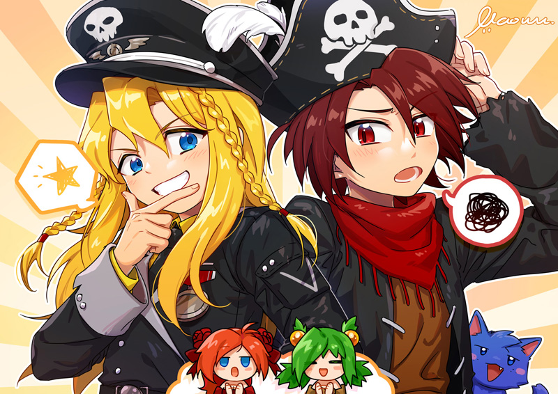 2boys, 2girls, anna_(epic_battle_fantasy), black_headwear, black_jacket, blonde_hair, blue_cat, blue_eyes