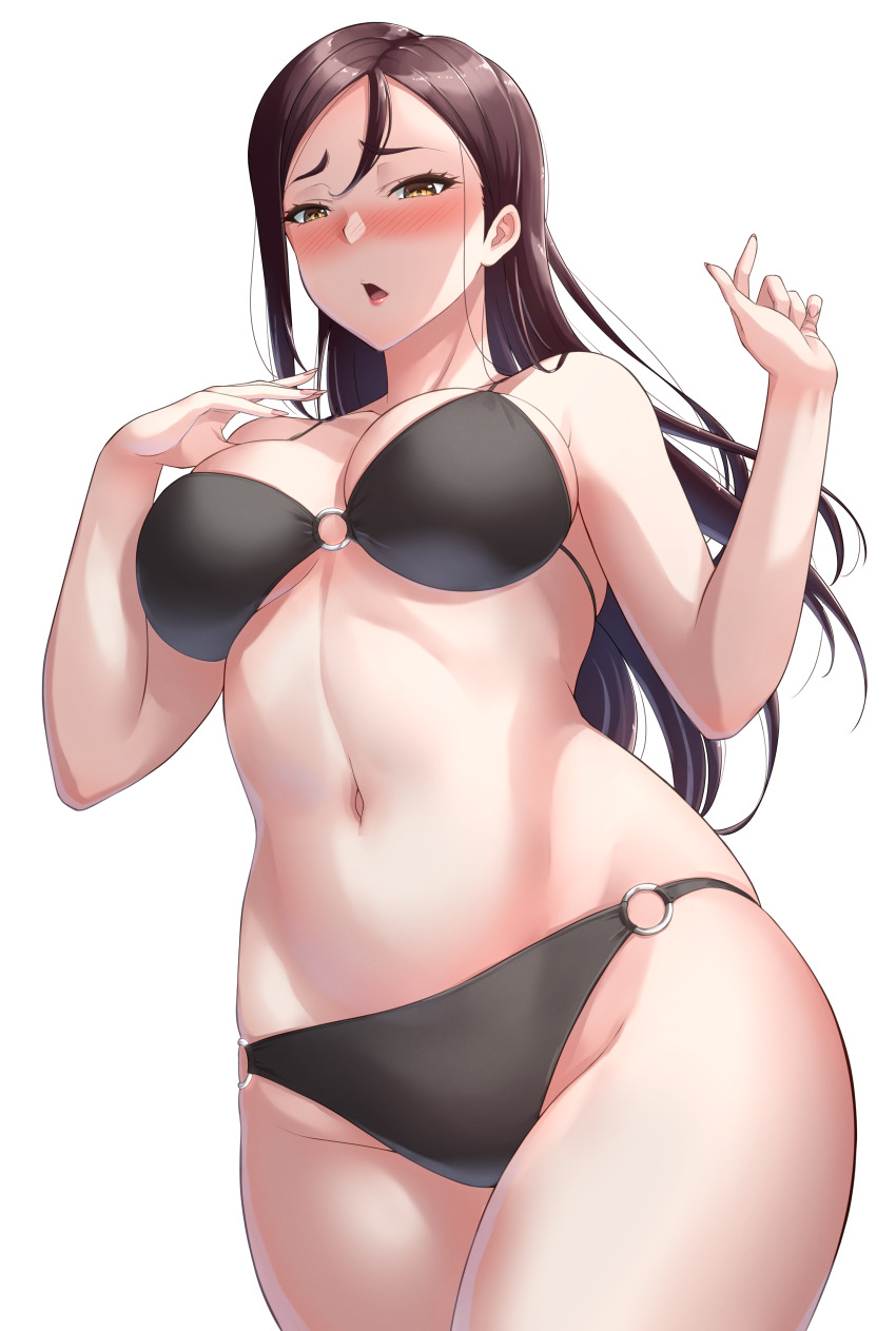 1girl, absurdres, bare_arms, bare_shoulders, bikini, black_bikini, blush, breasts, brown_hair, chishio_(onoderayui), commentary_request, cowboy_shot, embarrassed, fingernails, from_below, groin, hair_behind_ear, half-closed_eyes, halterneck, hands_up, highres, large_breasts, long_hair, looking_at_viewer, looking_down, love_live!, love_live!_sunshine!!, mature_female, navel, nose_blush, o-ring, o-ring_bikini, o-ring_bottom, o-ring_top, parted_bangs, parted_lips, raised_eyebrows, sakurauchi_riko's_mother, simple_background, solo, standing, stomach, swimsuit, w_arms, white_background, yellow_eyes