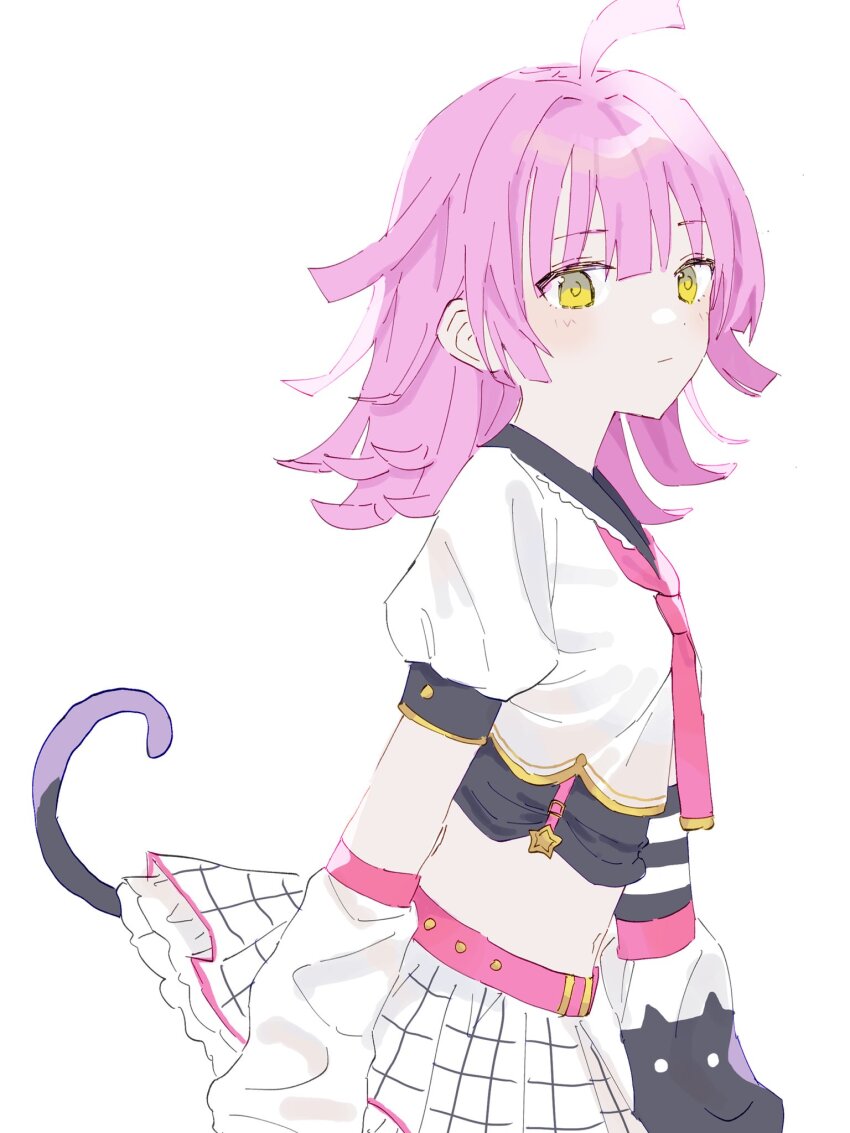 1girl, ahoge, arm_warmers, asymmetrical_sleeves, belt, black_sailor_collar, blush, cat_tail