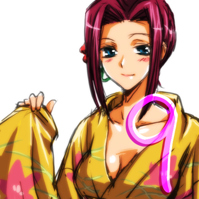 1girl, blue_eyes, blush, breasts, cleavage, code_geass, eikichi_(hp001), elb, female_focus, japanese_clothes, kouzuki_kallen, kimono, long_hair, lowres, red_hair, solo, white_background