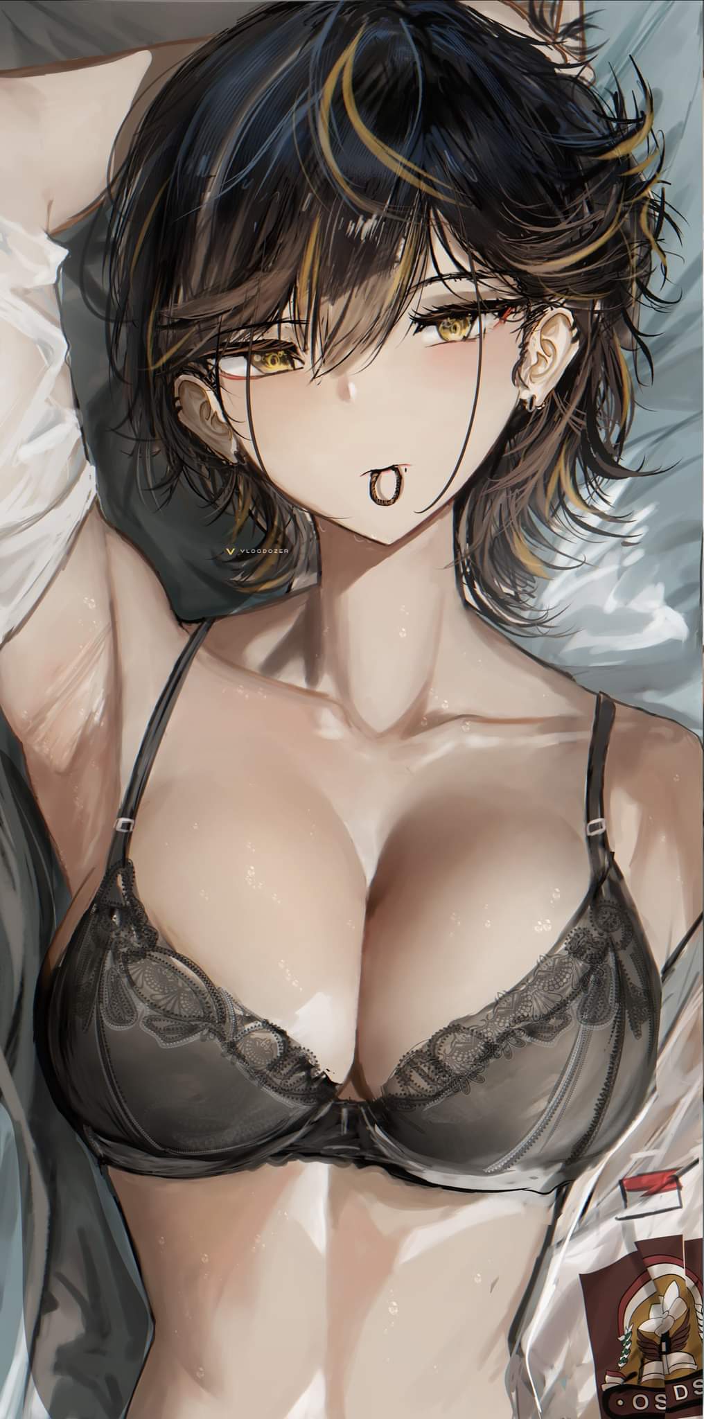 1girl, arm_behind_head, armpits, artist_logo, black_bra, black_hair, blonde_hair, bra