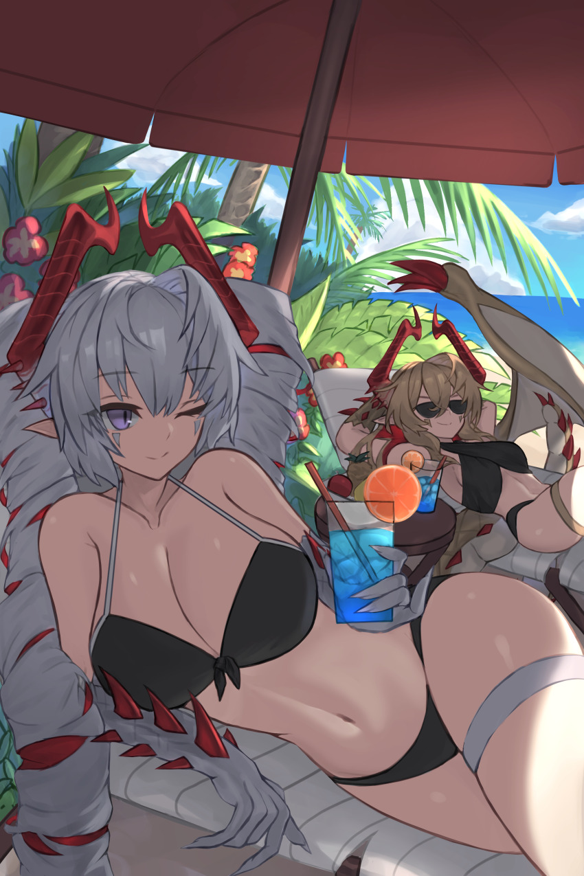 2girls, absurdres, argente_purest_silver_(shadowverse), armpits, arms_behind_head, bare_shoulders, beach, beach_umbrella