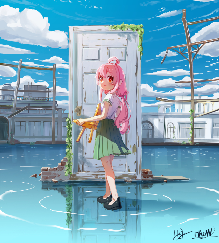 1girl, abandoned, absurdres, bathhouse, black_footwear, blue_sky, cloud, crossover, door, genderswap, genderswap_(mtf), green_skirt, hair_ribbon, highres, loafers, long_hair, looking_at_viewer, looking_back, low-tied_long_hair, munakata_souta_(chair), nature, onii-chan_wa_oshimai!, oyama_mahiro, pink_hair, pink_ribbon, pleated_skirt, poster_redraw, red_eyes, redraw, reflection, reflective_liquid, ribbon, school_uniform, shirt, shoes, skirt, sky, suzume's_chair, suzume_no_tojimari, user_emcm5342, very_detailed_background, wading, water, weeds, white_shirt