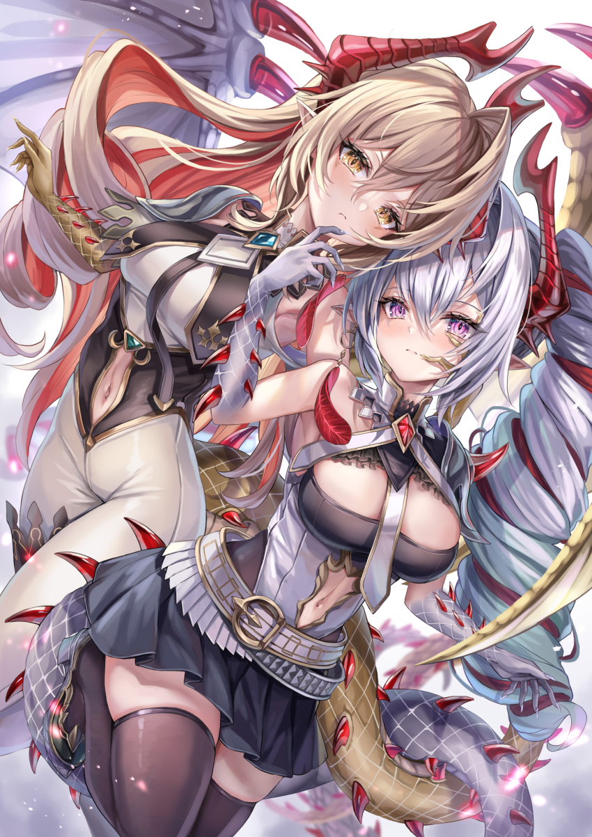 2girls, akami770, argente_purest_silver_(shadowverse), arm_up, armpits, bare_arms, bare_shoulders, belt