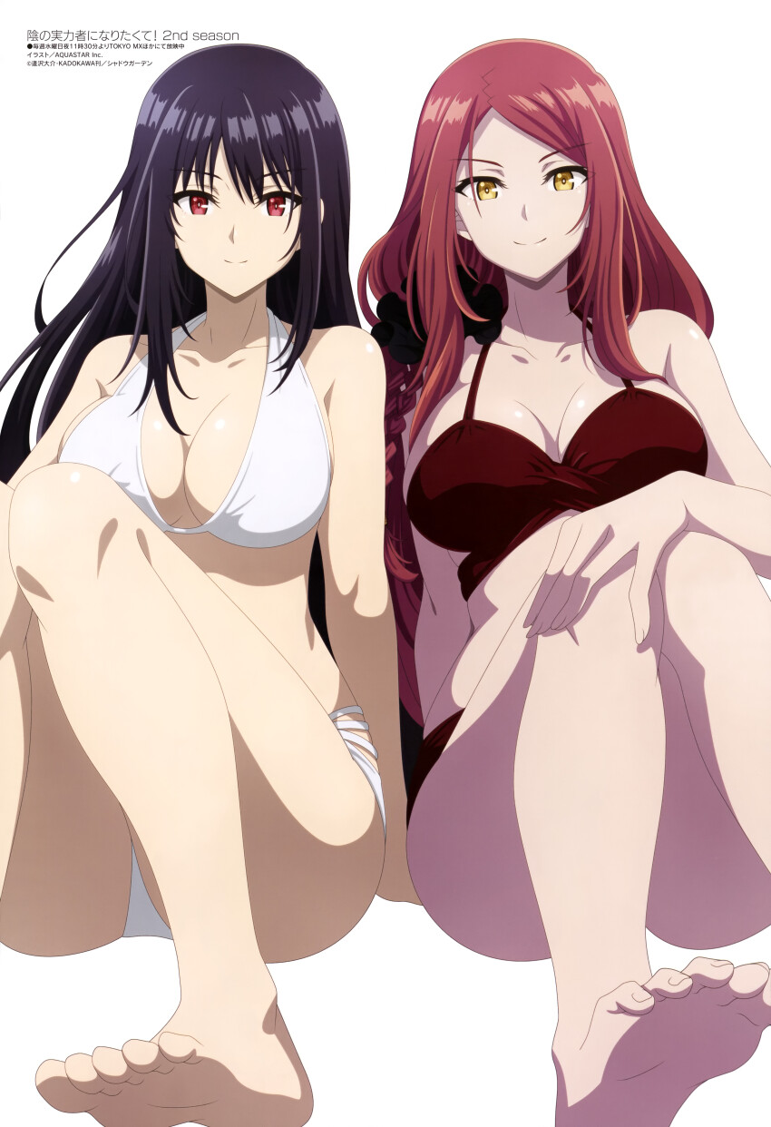 2girls, absurdres, bikini, black_hair, breasts, claire_kagenou, cleavage, feet, foot_focus, highres, kage_no_jitsuryokusha_ni_naritakute!, large_breasts, long_hair, looking_at_viewer, magazine_scan, mary_(kagejitsu), megami_magazine, multiple_girls, official_art, red_bikini, red_hair, scan, simple_background, sitting, smile, soles, swimsuit, thighs, white_background, white_bikini, yellow_eyes
