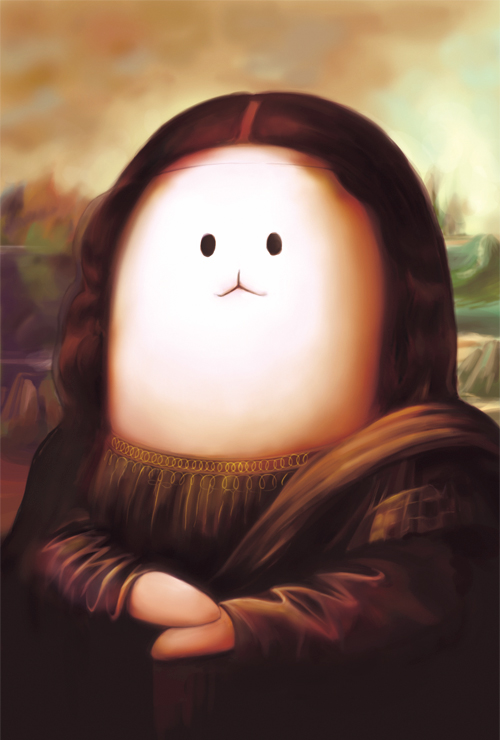 :<, fine_art_parody, maruwa, mona_lisa, no_humans, original, parody, solo