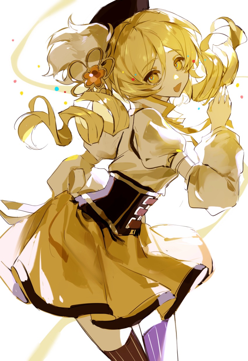 1girl, absurdres, beret, blonde_hair, brown_hat, brown_thighhighs, chinese_commentary, collared_shirt, commentary_request, corset, cowboy_shot, drill_hair, from_side, hair_between_eyes, hand_up, hat, highres, juliet_sleeves, long_sleeves, looking_at_viewer, mahou_shoujo_madoka_magica, mahou_shoujo_madoka_magica_(anime), medium_hair, open_mouth, puffy_sleeves, shirt, simple_background, skirt, solo, standing, striped_clothes, striped_thighhighs, thighhighs, tomoe_mami, tomoe_mami_(magical_girl), twin_drills, wei_er_chenxing, white_background, white_shirt, yellow_eyes, yellow_skirt