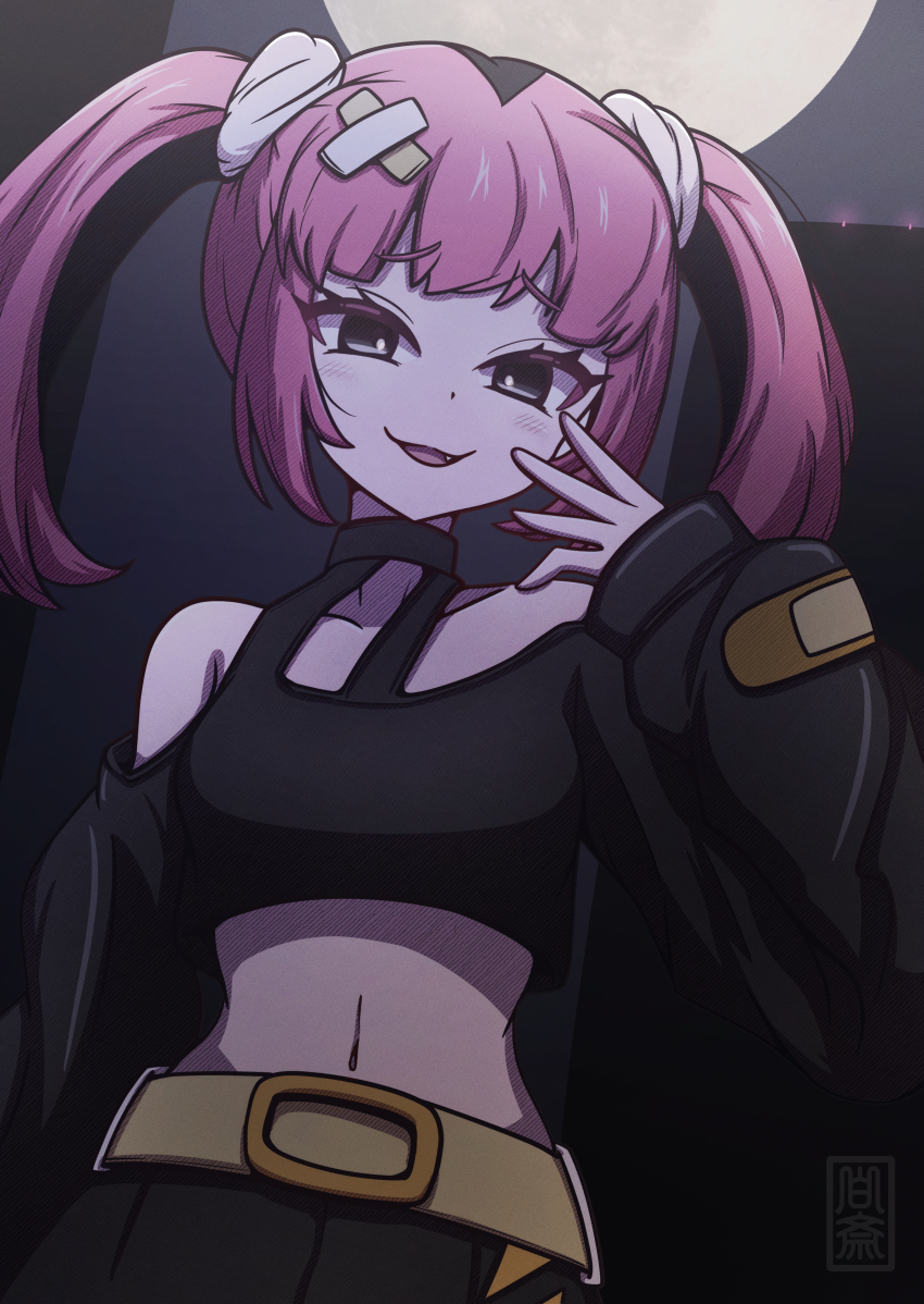 1girl, :d, absurdres, belt, black_shirt, black_skirt, bright_pupils, collarbone