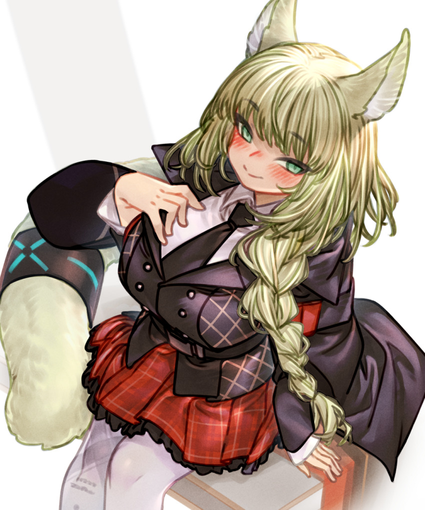 1girl, animal_ear_fluff, animal_ears, arknights, black_cape, black_necktie, black_sweater_vest, braid