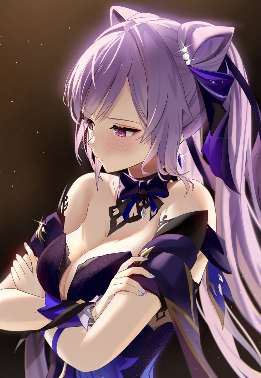 1girl, averting_eyes, bare_shoulders, blush, breasts, cleavage, cone_hair_bun, crossed_arms, detached_collar, double_bun, earrings, floating_earrings, genshin_impact, hair_bun, hair_ribbon, highres, janome_yuiwa, jewelry, keqing_(genshin_impact), keqing_(opulent_splendor)_(genshin_impact), medium_breasts, nail_polish, official_alternate_costume, official_alternate_hairstyle, purple_eyes, purple_hair, purple_nails, ribbon, solo, twintails, upper_body