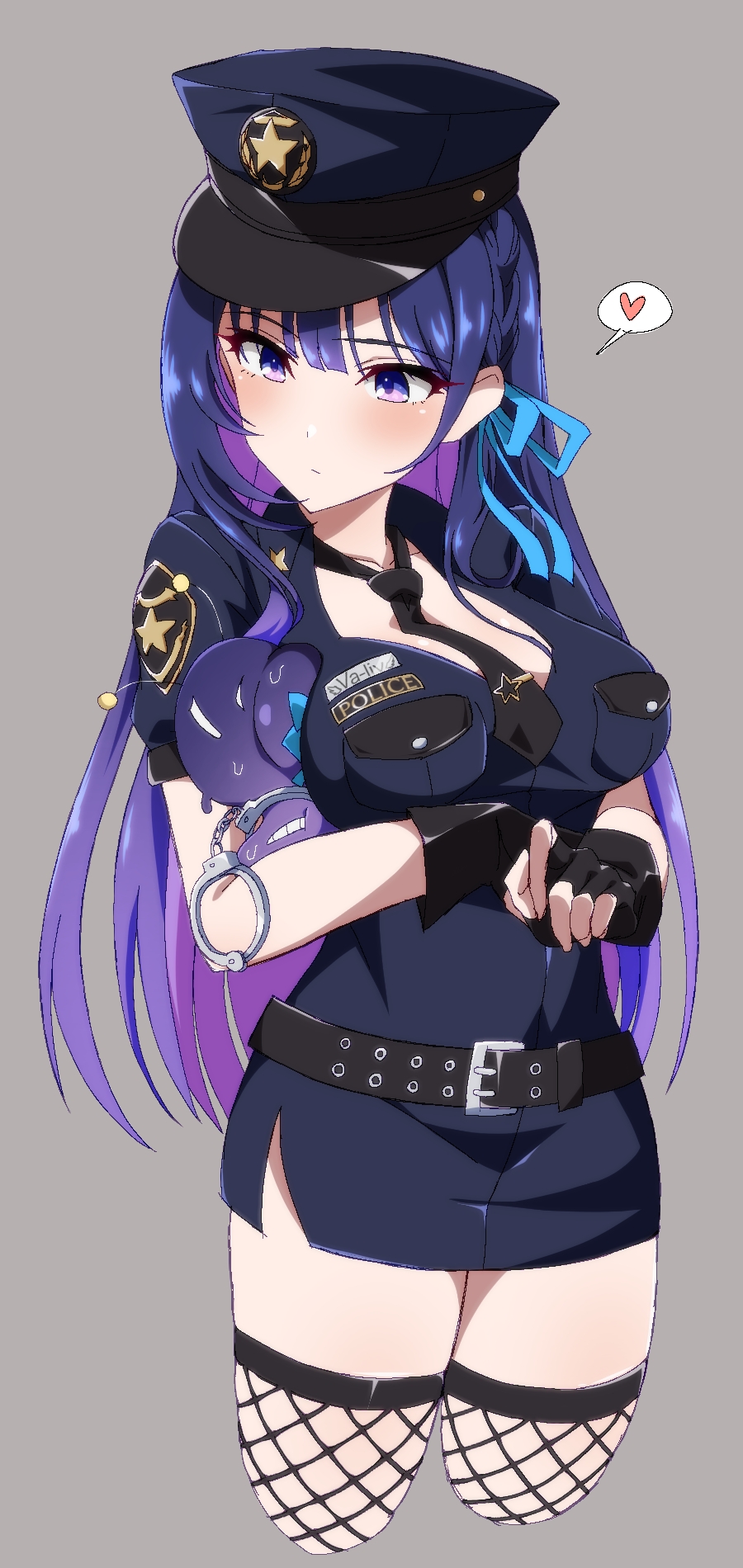 1girl, arms_under_breasts, belt, black_necktie, breasts, cleavage, closed_mouth, colored_inner_hair, cowboy_shot, cuffs, dress, fishnet_thighhighs, fishnets, hair_ribbon, handcuffs, hat, heart, highres, idolmaster, idolmaster_va-liv, kamizuru_cosmo, large_breasts, long_hair, loose_necktie, multicolored_hair, necktie, pencil_dress, police, police_hat, police_uniform, policewoman, purple_eyes, purple_hair, ribbon, rqm55, simple_background, solo, spoken_heart, thighhighs, virtual_youtuber, zettai_ryouiki