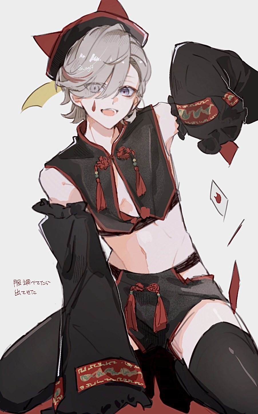 1boy, alternate_costume, black_headwear, black_shirt, black_shorts, black_sleeves, black_thighhighs, blonde_hair