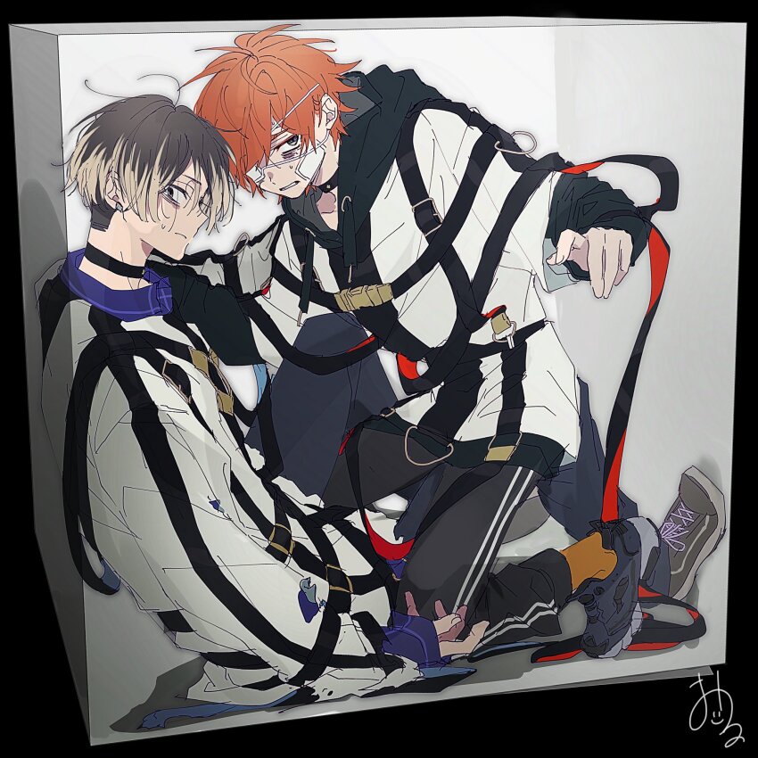 2boys, bandaid, bandaid_on_cheek, bandaid_on_face, black_footwear, black_pants, blonde_hair, box