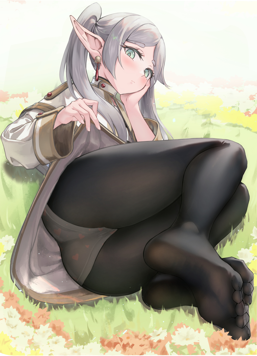 1girl, absurdres, ass, black_pantyhose, capelet, closed_mouth, clothes_lift, commentary_request, earrings, elbow_rest, elf, female_focus, field, floating_earrings, flower, flower_field, frieren, full_body, green_eyes, grey_hair, head_rest, heart, heart_print, highres, huge_filesize, jacket, jewelry, lifting_own_clothes, long_hair, looking_at_viewer, lying, no_shoes, on_ground, on_side, outdoors, panties, panties_under_pantyhose, pantyhose, parted_bangs, pointy_ears, print_panties, skirt, skirt_lift, soles, solo, sousou_no_frieren, toes, twintails, underwear, white_capelet, white_jacket, white_skirt, yuye