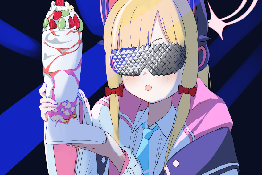 1girl, absurdres, animal_ear_headphones, animal_ears, blonde_hair, blue_archive, blue_necktie, bow, cat_ear_headphones, cat_ears, collared_shirt, commentary, das_beer_boot_(meme), english_commentary, fake_animal_ears, food, hair_bow, halo, headphones, highres, holding, jacket, meme, momoi_(blue_archive), multicolored_jacket, necktie, open_mouth, parfait, parody, pink_halo, red_bow, shirt, short_hair, solo, two-tone_jacket, upper_body, white_jacket, white_shirt, yoowaru