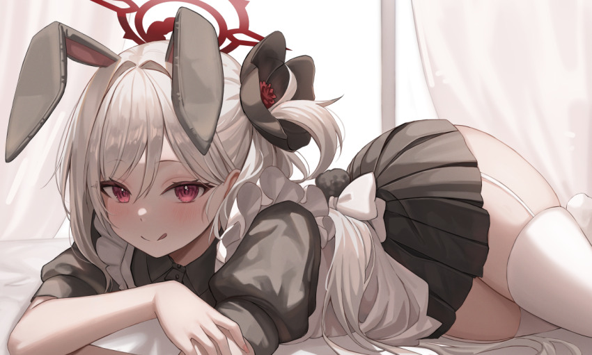 1girl, animal_ears, apron, black_scrunchie, black_shirt, black_skirt, blue_archive, blush, closed_mouth, collared_shirt, fake_animal_ears, grey_hair, hair_ornament, hair_scrunchie, halo, long_hair, looking_at_viewer, mutsuki_(blue_archive), ochya, pleated_skirt, purple_eyes, rabbit_ears, rabbit_tail, red_halo, scrunchie, shirt, side_ponytail, skirt, smile, solo, tail, thighhighs, tongue, tongue_out, white_apron, white_thighhighs