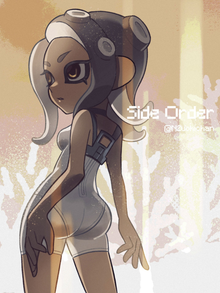 1girl, agent_8_(splatoon), artist_name, ass, bodysuit, breasts, brown_eyes, from_behind, grey_hair, highres, leotard, leotard_under_clothes, n2uohichan, nintendo, octoling, octoling_girl, octoling_player_character, see-through_clothes, short_hair, short_shorts, shorts, sideboob, small_breasts, solo, splatoon_(series), splatoon_3, splatoon_3:_side_order, suction_cups, tentacle_hair, tentacles, thighs, white_bodysuit, white_leotard, white_shorts