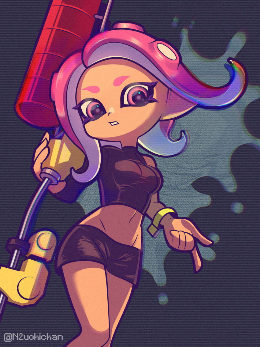 1girl, agent_8_(splatoon), artist_name, black_shirt, black_skirt, bracelet, breasts, forehead