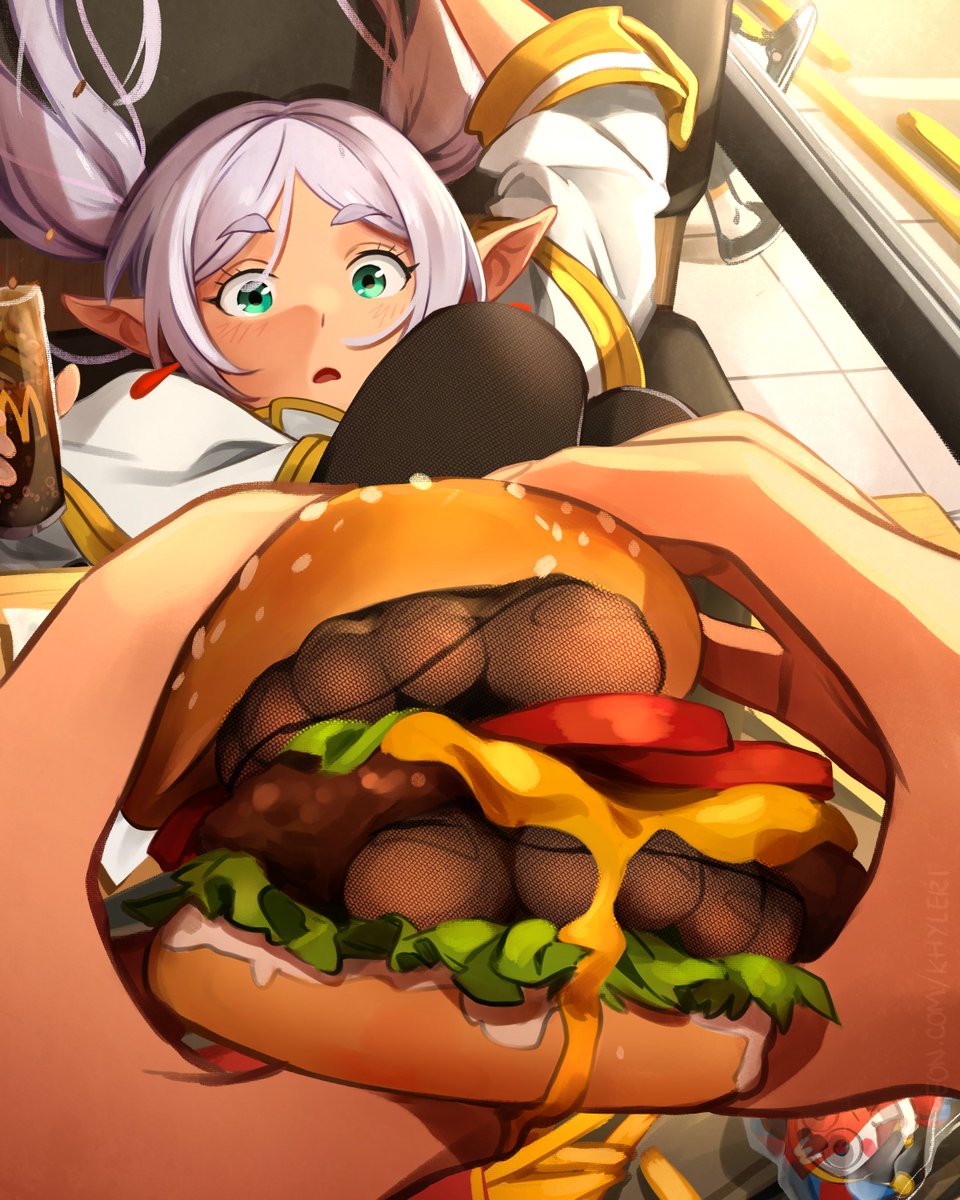1girl, burger, elf, feet, feet_burger_(meme), feet_in_food, food, food_on_foot, foot_focus, foreshortening, frieren, green_eyes, grey_hair, highres, khyle., long_hair, looking_at_viewer, meme, open_mouth, pantyhose, pointy_ears, pomni_(the_amazing_digital_circus), pov, pov_hands, solo_focus, sousou_no_frieren, toes, twintails