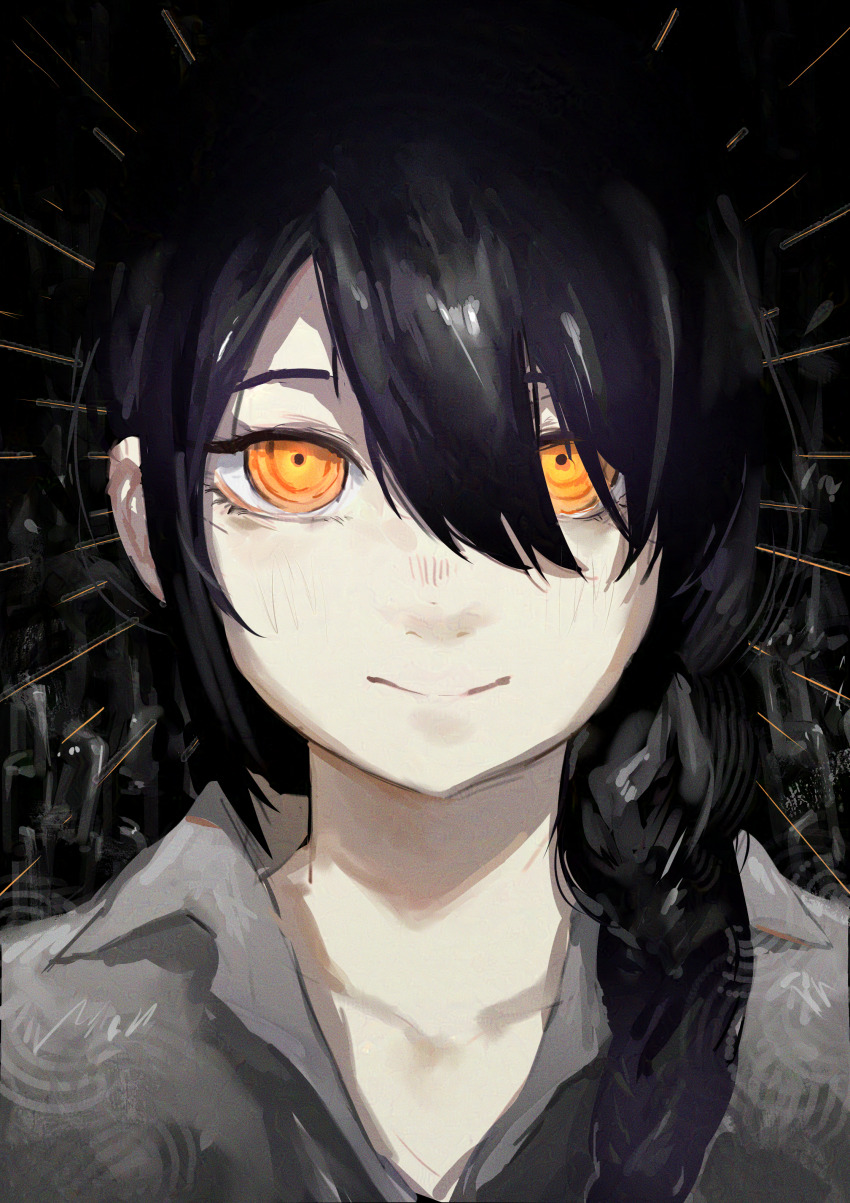 1girl, absurdres, black_hair, braid, chainsaw_man, closed_mouth, grey_shirt, hair_over_shoulder