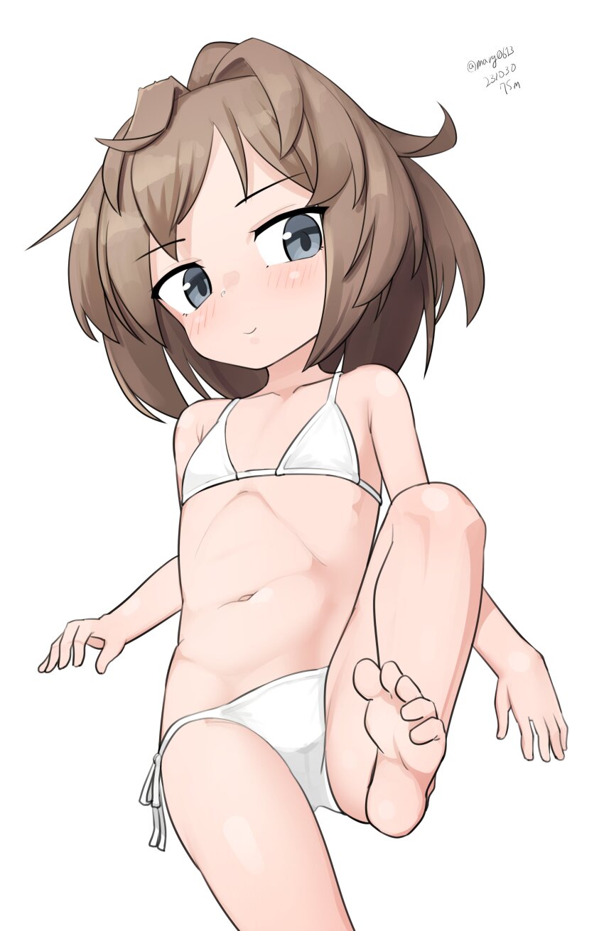 1girl, absurdres, aged_down, barefoot, bikini, blue_eyes, brown_hair, cowboy_shot, female_focus, flat_chest, highres, kantai_collection, loli, long_hair, looking_at_viewer, lying, maru_(marg0613), messy_hair, one-hour_drawing_challenge, sheffield_(kancolle), side-tie_bikini_bottom, simple_background, solo, swimsuit, white_background, white_bikini