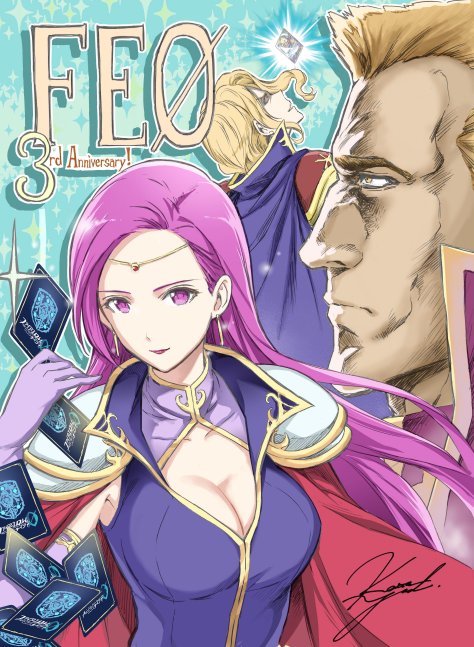 1girl, 2boys, armor, artist_request, blonde_hair, breasts, brunnya_(fire_emblem), cape