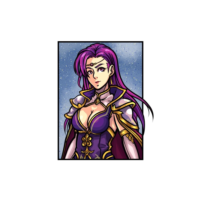1girl, armor, breasts, brunnya_(fire_emblem), cape, circlet, cleavage, fire_emblem, fire_emblem:_the_binding_blade, gloves, highres, medium_breasts, nintendo, pauldrons, pink_eyes, pink_hair, purple_eyes, purple_hair, shoulder_armor, solo, tagme, xloadez