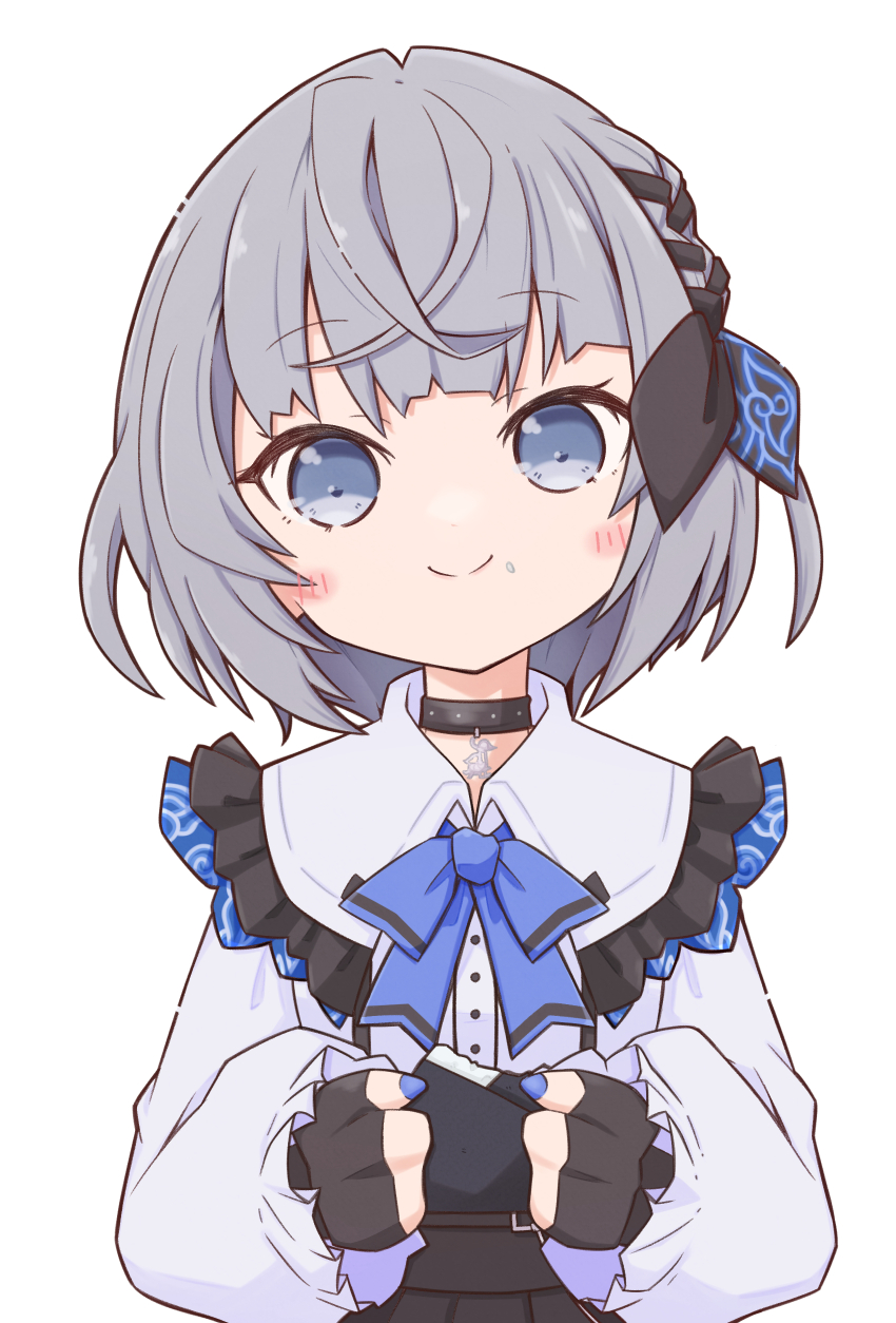 1girl, absurdres, black_choker, black_gloves, black_hair, blue_bow, blue_bowtie, blue_eyes, blue_nails, blunt_bangs, blush_stickers, bow, bowtie, braid, chibi, choker, closed_mouth, commentary, fingerless_gloves, food, food_on_face, french_braid, frilled_shirt_collar, frills, gloves, grey_eyes, grey_hair, highres, hololive, hololive_indonesia, jirai_kei, lazurite, long_sleeves, looking_at_viewer, multicolored_hair, nail_polish, official_alternate_costume, official_alternate_hair_length, official_alternate_hairstyle, pendant_choker, rice, rice_on_face, shirt, side_braid, smile, solo, streaked_hair, vestia_zeta, vestia_zeta_(jirai_kei), virtual_youtuber, white_shirt, wispy_bangs