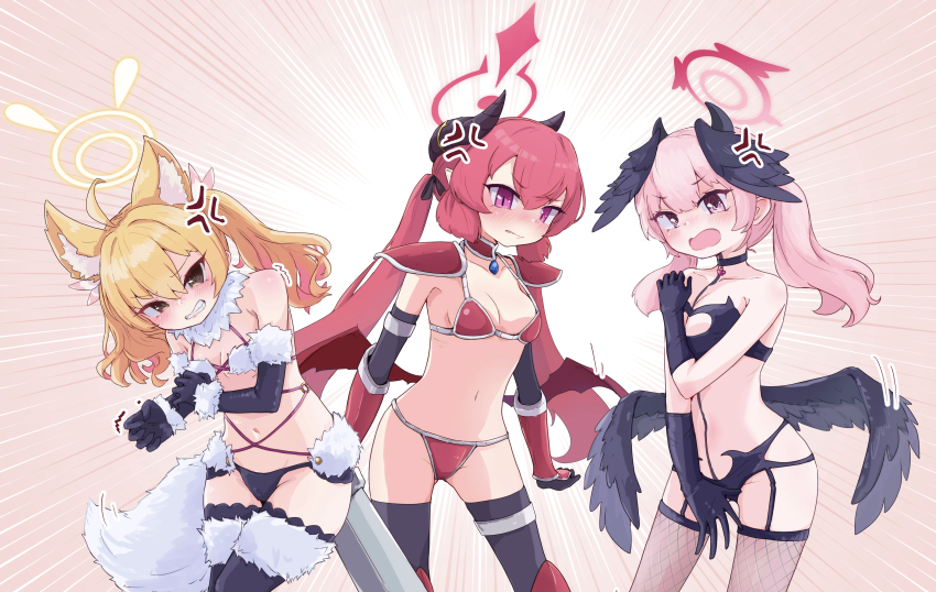 3girls, absurdres, ahoge, alternate_costume, anger_vein, animal_ears, armor, blonde_hair, blue_archive, bracer, breasts, brooch, cleavage, cleavage_cutout, clothing_cutout, cosplay, covering_privates, covering_breasts, covering_crotch, demon_horns, demon_wings, elbow_gloves, elizabeth_bathory_(brave)_(fate), elizabeth_bathory_(brave)_(fate)_(cosplay), elizabeth_bathory_(fate), embarrassed, fishnet_thighhighs, fishnets, fur-trimmed_gloves, fur-trimmed_thighhighs, fur_trim, garter_belt, garter_straps, gloves, grey_wings, grimace, hair_ribbon, halo, head_wings, highres, horns, jewelry, junko_(blue_archive), kemonomimi_mode, koharu_(blue_archive), low_twintails, low_wings, mash_kyrielight, mash_kyrielight_(dangerous_beast), mash_kyrielight_(dangerous_beast)_(cosplay), medium_hair, multiple_girls, navel, open_mouth, pauldrons, pink_eyes, pink_hair, pointy_ears, red_hair, ribbon, shoulder_armor, small_breasts, stomach, suecovsky, tail, teeth, thigh_gap, thighhighs, trait_connection, twintails, wings, wolf_ears, wolf_tail, yellow_eyes, yoshimi_(blue_archive)