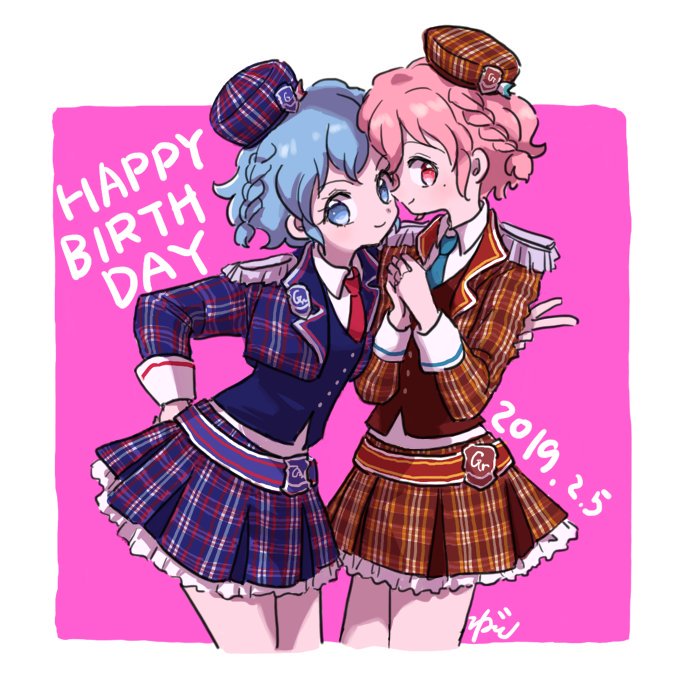 1boy, 1girl, blue_eyes, blue_hair, blue_jacket, blue_necktie, blue_vest, border, braid, brother_and_sister, brown_jacket, brown_skirt, collared_shirt, commentary_request, cropped_jacket, cropped_legs, crossdressing, dated, dorothy_west, epaulettes, hand_on_own_hip, hands_up, happy_birthday, hat, idol_clothes, jacket, long_sleeves, looking_at_viewer, mole, mole_under_eye, necktie, own_hands_together, pink_background, pink_eyes, pink_hair, plaid_clothes, plaid_jacket, plaid_skirt, pleated_skirt, pretty_series, pripara, red_necktie, reona_west, rituyama1, shirt, short_hair, siblings, side_braid, signature, skirt, smile, standing, trap, twins, v, vest, white_border, white_shirt