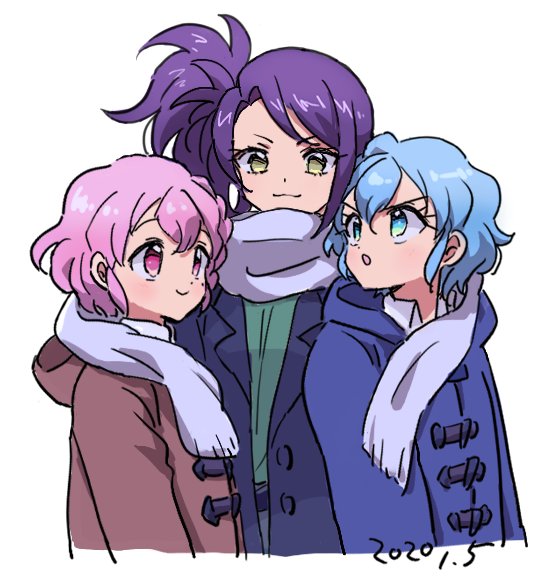 1boy, 2girls, :3, blue_coat, blue_eyes, blue_hair, braid, brother_and_sister