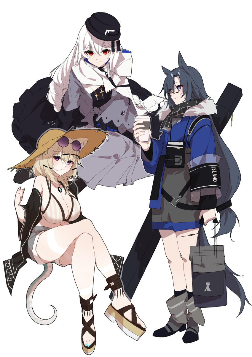 3girls, absurdres, animal_ear_fluff, animal_ears, arknights, bag, bespectacled, bikini