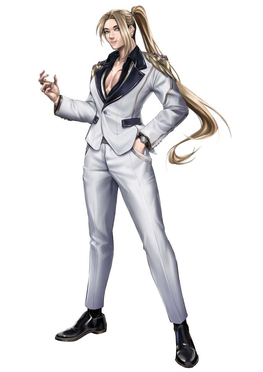 1girl, absurdres, blonde_hair, blue_eyes, breasts, cleavage, commentary, ear_piercing