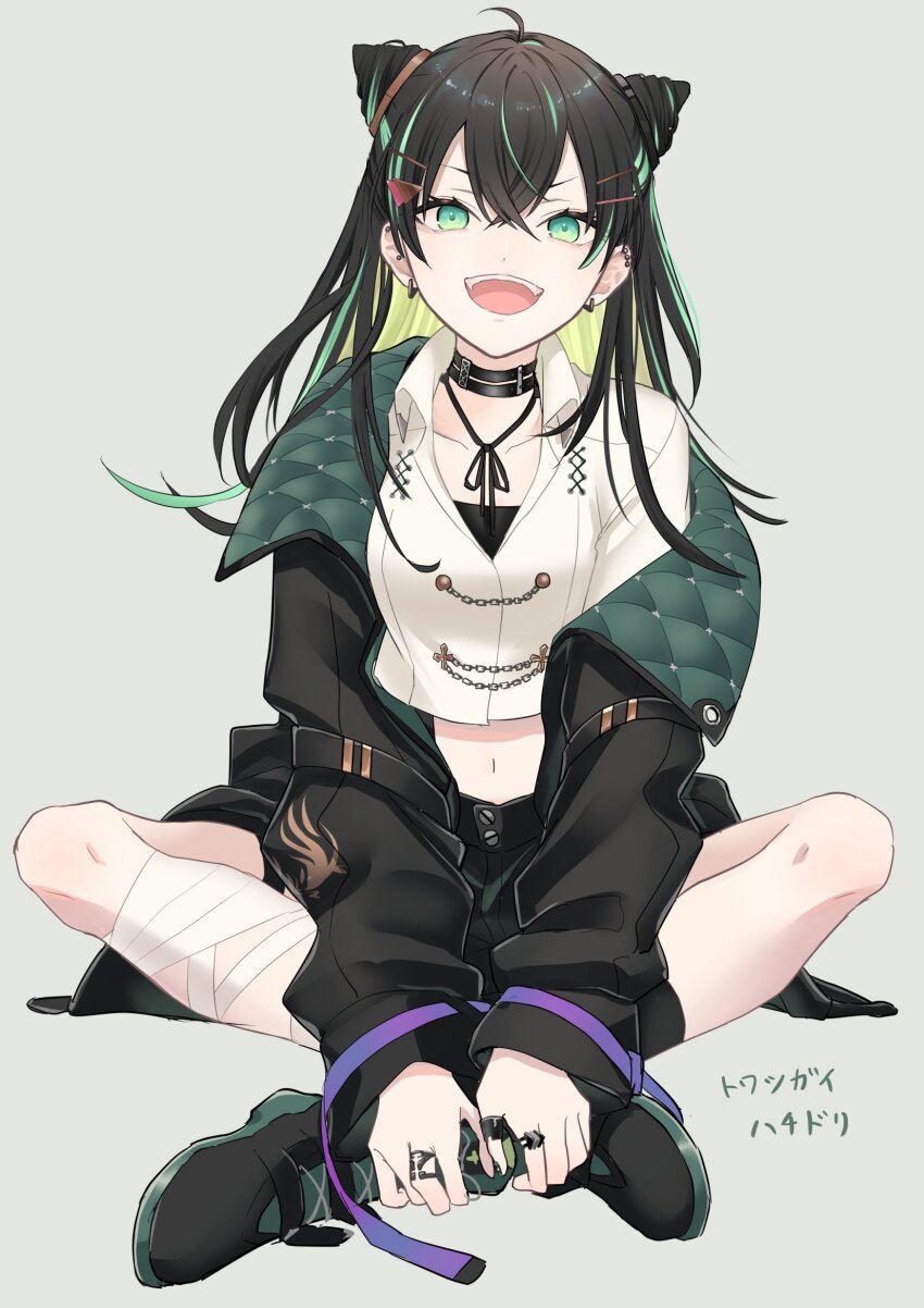 1girl, black_choker, black_footwear, black_hair, black_jacket, choker, double_bun, green_eyes