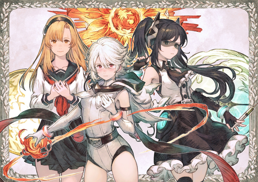 3girls, artist_request, ascot, bare_shoulders, black_ascot, black_gloves, black_hair, black_sailor_collar