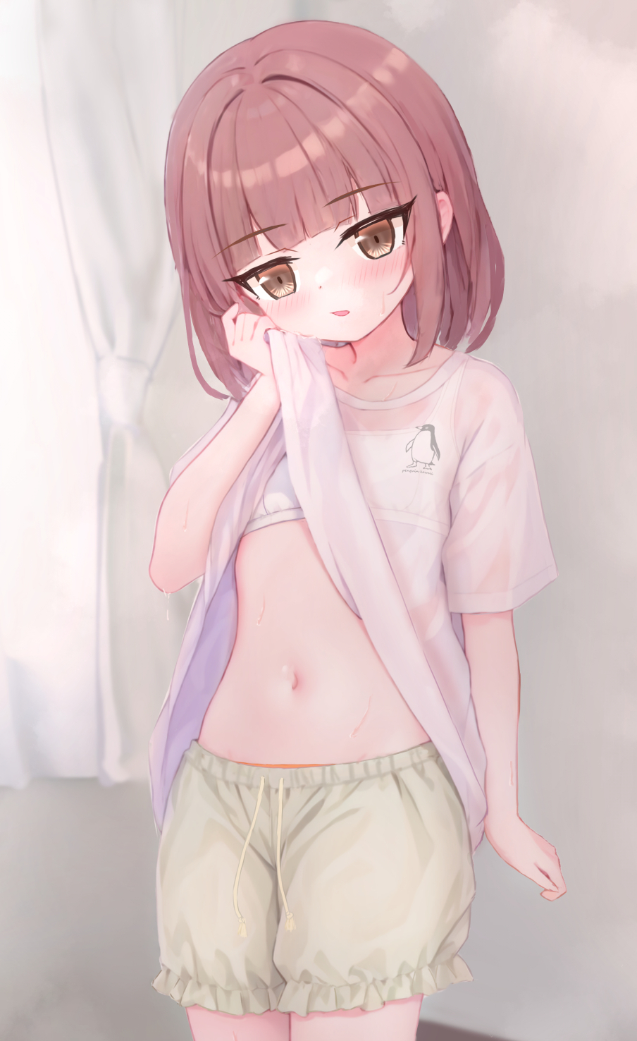 1girl, animal_print, blush, bra, brown_eyes, brown_hair, clothes_lift, collarbone, curtains, female_focus, flat_chest, green_shorts, highres, loli, looking_at_viewer, navel, open_mouth, orange_panties, original, panties, panty_peek, penguin_print, print_shirt, see-through_clothes, see-through_shirt, shirt, shirt_lift, shooko, short_hair, short_sleeves, shorts, solo, standing, underwear, wet, wet_clothes, wet_shirt, white_bra, white_shirt, window