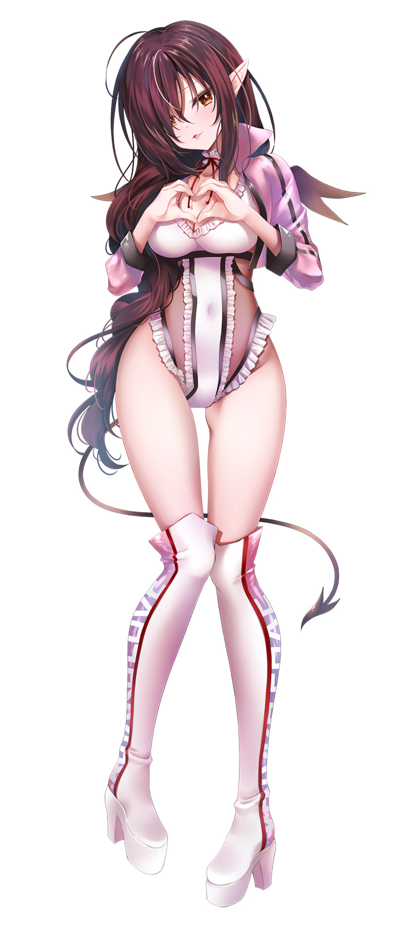 1girl, absurdres, blush, boots, breasts, brown_eyes, brown_hair, cleavage, demon_girl, demon_tail, dolores_(taimanin_asagi), full_body, highres, lilith-soft, long_hair, medium_breasts, monster_girl, official_art, pointy_ears, race_queen, sakuranbo, simple_background, solo, tail, taimanin_(series), taimanin_rpgx, wings