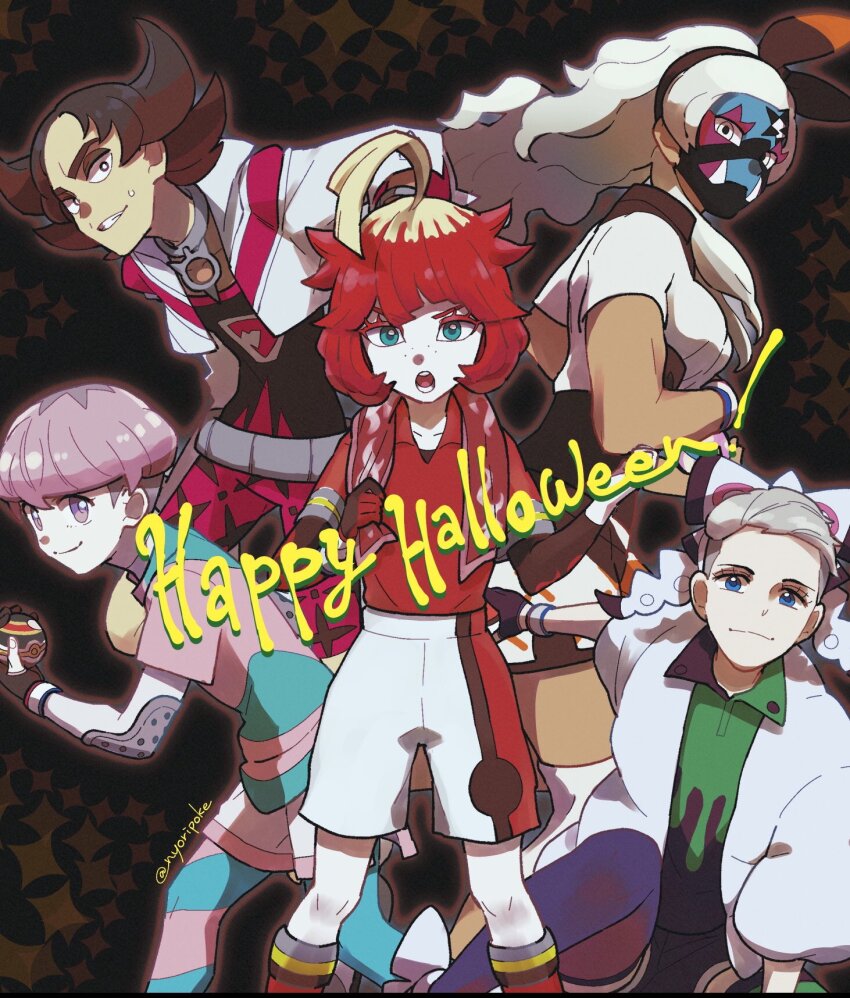 2girls, 3boys, :o, ahoge, atticus_(pokemon), bea_(pokemon), bea_(pokemon)_(cosplay), bede_(pokemon)