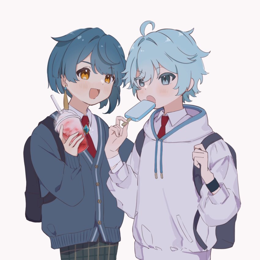 2boys, ahoge, baby_bav, bag, bendy_straw, blue_eyes, blue_hair, child, chongyun_(genshin_impact), commentary_request, drink, drinking_straw, earrings, food, formal_clothes, genshin_impact, hair_between_eyes, highres, holding, holding_food, hood, hooded_jacket, jacket, jewelry, male_focus, multiple_boys, open_mouth, pants, plaid_clothes, plaid_pants, popsicle, red_tie, school_bag, simple_background, single_earring, smile, tropical_drink, upper_body, white_background, xingqiu_(genshin_impact), yellow_eyes