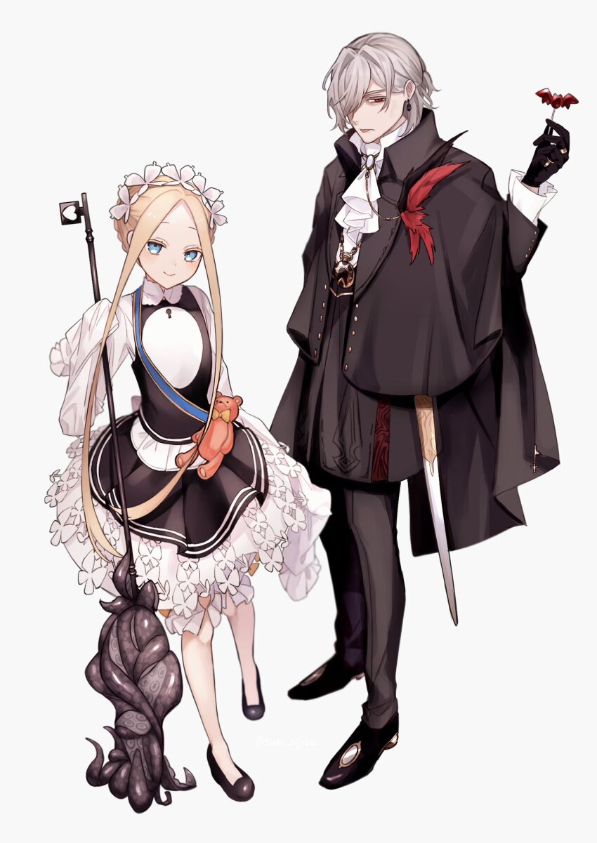 1boy, 1girl, abigail_williams_(fate), abigail_williams_(festival_outfit)_(fate), antonio_salieri_(fate), antonio_salieri_(masquerade_of_the_vampire)_(fate), antonio_salieri_(second_ascension)_(fate), ascot, black_coat, black_dress, black_pants, black_shoes, blonde_hair, blue_eyes, blush, butterfly_hair_ornament, candy, coat, dress, earrings, fate/grand_order, fate_(series), food, formal_clothes, full_body, grey_hair, hair_ornament, hair_over_one_eye, highres, holding, holding_candy, holding_food, jewelry, key, long_sleeves, looking_at_viewer, pants, parted_bangs, red_eyes, shoes, simple_background, sleeves_past_fingers, sleeves_past_wrists, smile, stuffed_animal, stuffed_toy, suit, sumi_(gfgf_045), teddy_bear, tentacles, tongue, tongue_out, two-tone_dress, white_background, white_dress