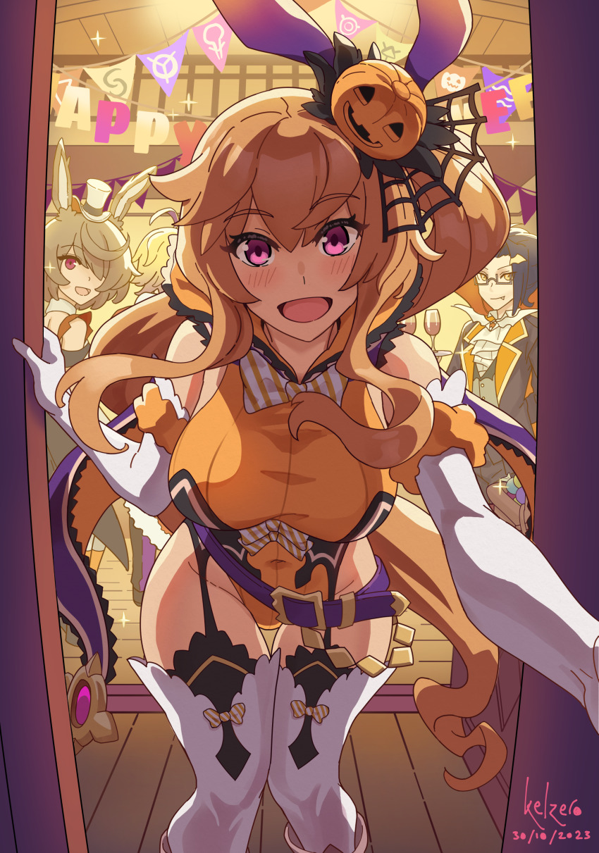 2boys, 2girls, absurdres, ahoge, althemia, bare_shoulders, blonde_hair, blush, breasts, character_request, covered_navel, doorway, dragalia_lost, elisanne, elisanne_(halloween), euden, hair_between_eyes, halloween, halloween_costume, happy_halloween, highres, kelzero, large_breasts, leotard, long_hair, looking_at_viewer, medium_breasts, multiple_boys, multiple_girls, open_door, open_mouth, opening_door, ponytail, pov, pov_doorway, pumpkin, purple_eyes, thighhighs, thighs, vampire_costume