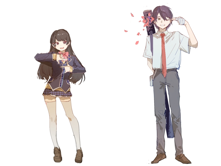 1boy, 1girl, alternate_body_fluid, arm_behind_back, belt_pouch, black_eyes, black_hair, black_jacket, blazer, bow, bowtie, brown_footwear, checkered_necktie, collared_shirt, commentary_request, contrapposto, suit_pants, dress_shirt, finger_frame, finger_gun, finger_gun_to_head, full_body, green_eyes, grey_pants, grin, hand_up, hands_up, highres, jacket, kenmochi_touya, kenmochi_touya_(1st_costume), loafers, long_hair, looking_at_viewer, miniskirt, necktie, nijisanji, no_jacket, no_vest, one_eye_closed, open_mouth, pants, petals, pink_bow, pink_bowtie, plaid_clothes, plaid_skirt, popoyu, pouch, purple_hair, red_necktie, shirt, shoes, short_hair, short_sleeves, shoulder_strap, skirt, smile, standing, sweater, thighhighs, tsukino_mito, tsukino_mito_(1st_costume), virtual_youtuber, weapon_bag, white_shirt, white_thighhighs, yellow_sweater, zettai_ryouiki