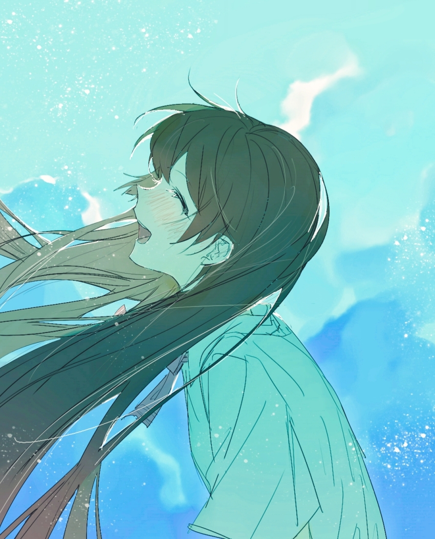 1girl, aqua_background, black_hair, blue_background, blush, bow, bowtie, closed_eyes