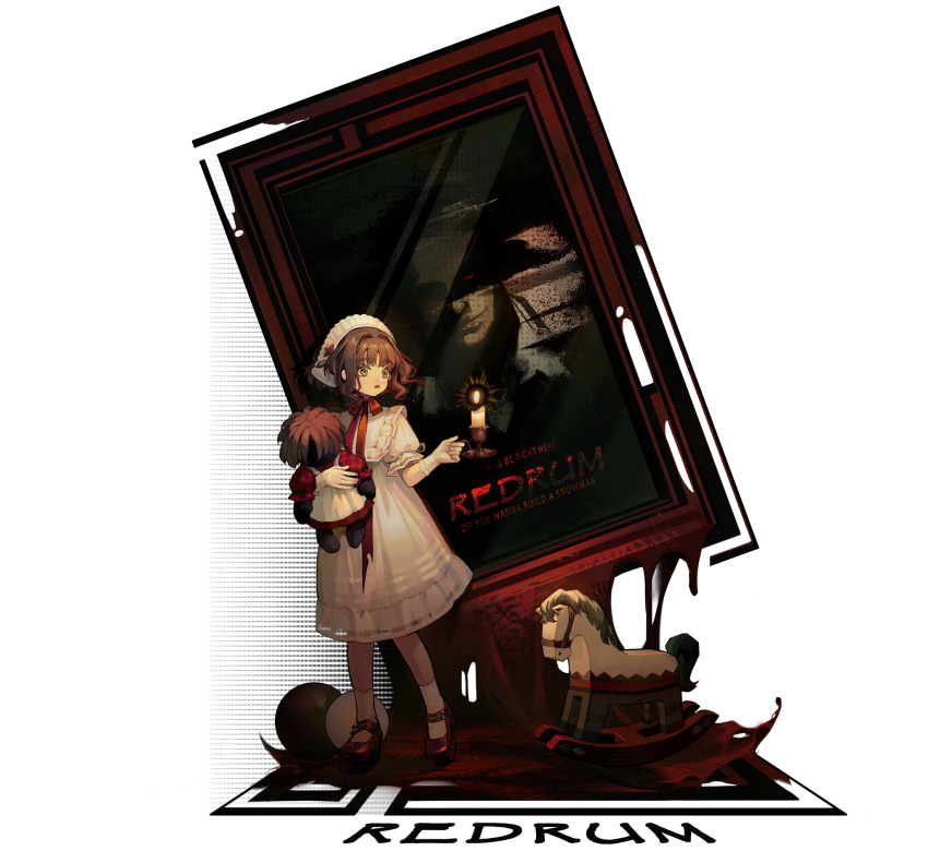 1girl, blood, brown_hair, candle, chinstrap, doll, dress, eagle_(reverse:1999)